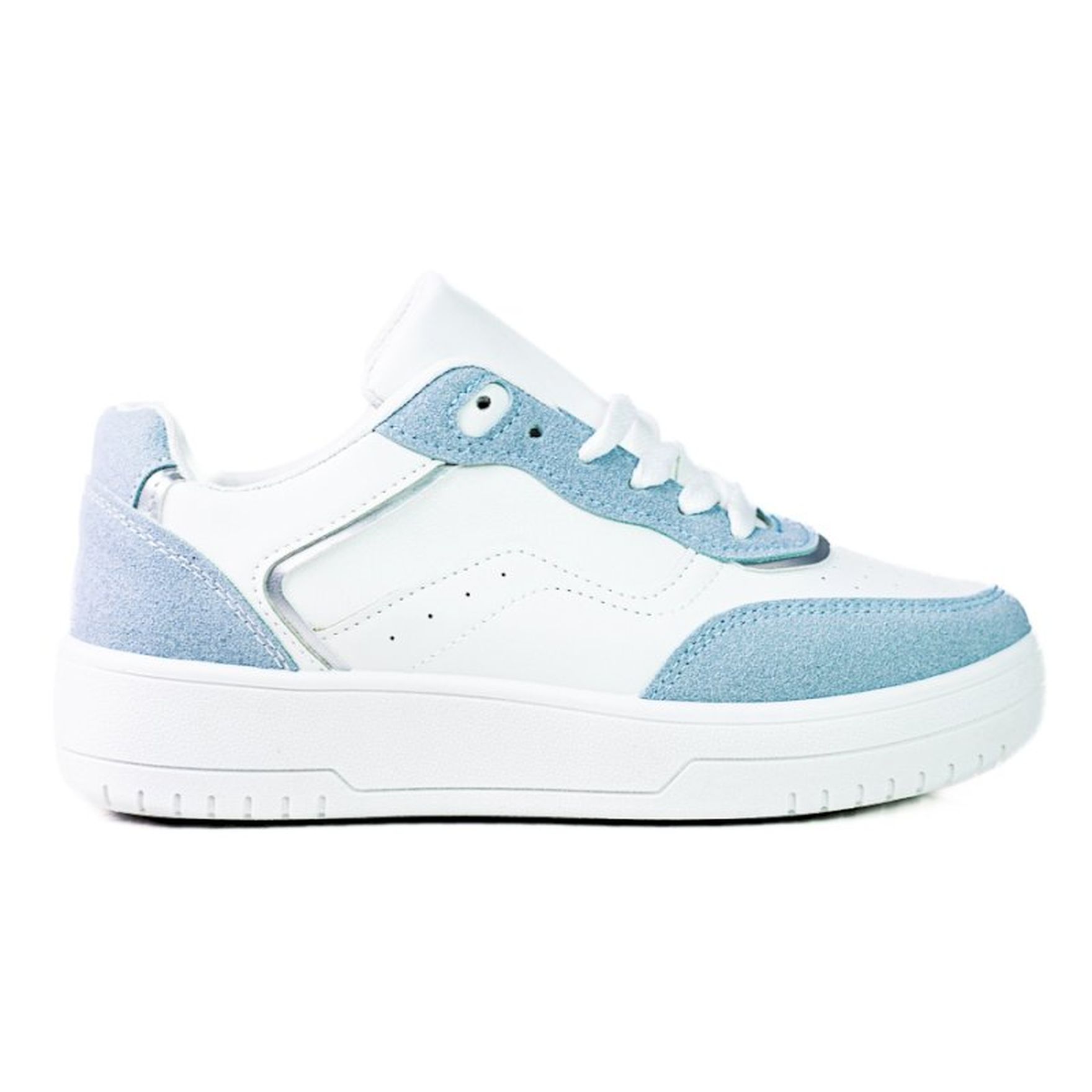 Modne sportowe buty damskie Shelovet na białej platformie niebieskie
