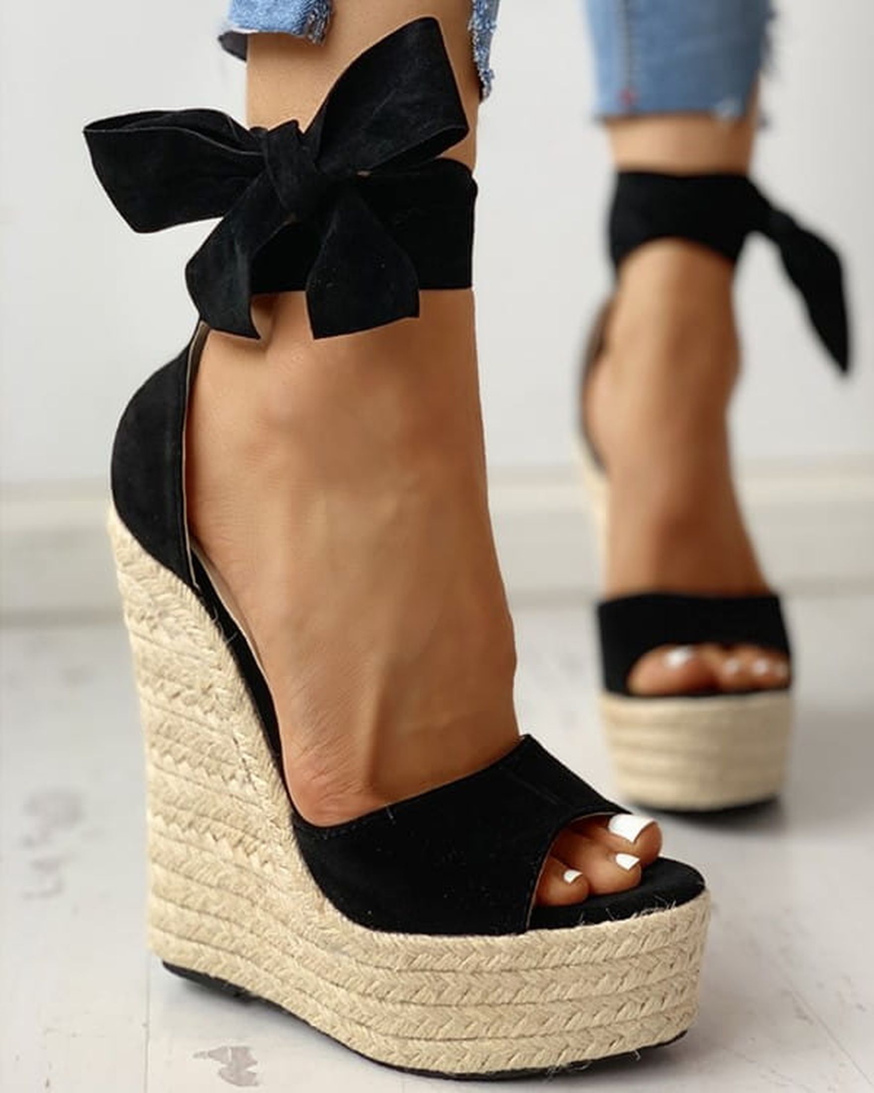 Platformowe sandały w stylu espadryli colorblock bowknot czarny Miasesy