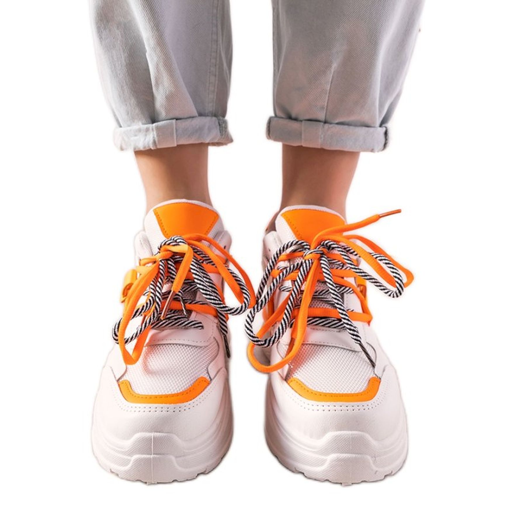 Biało pomarańczowe sneakersy z podwójnym wiązaniem One Chance białe