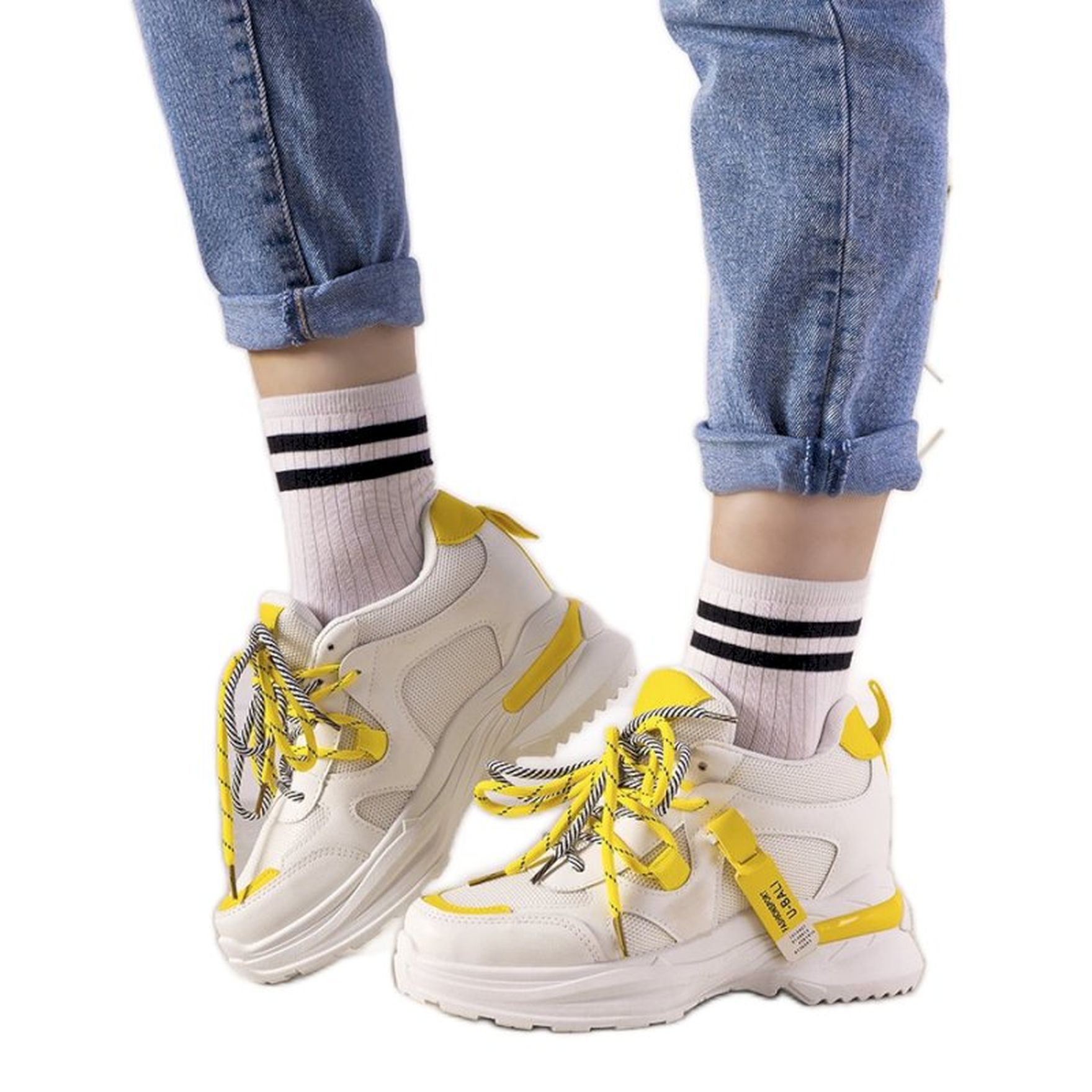Biało żółte sneakersy z podwójnym wiązaniem One Chance białe